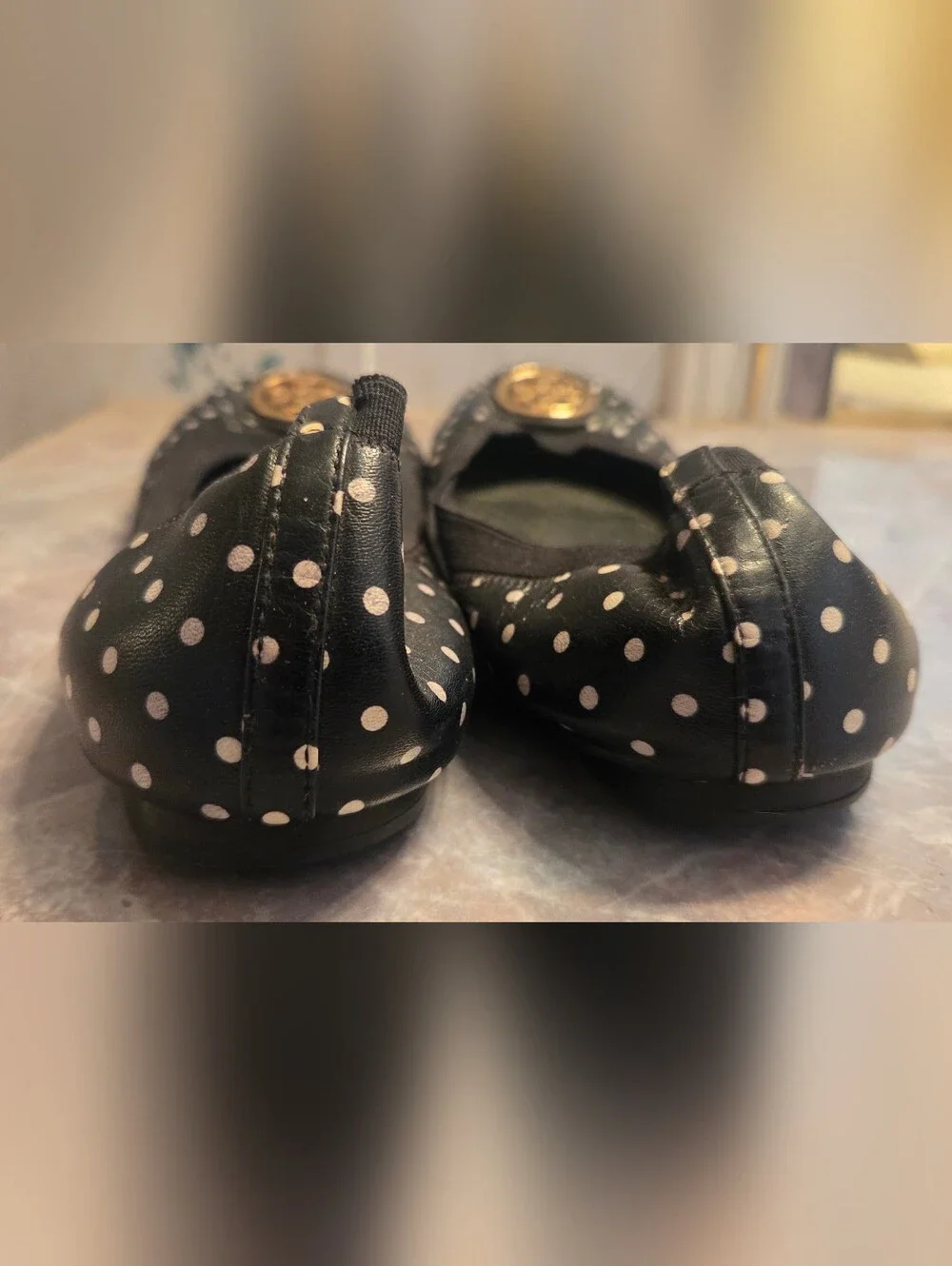 Tory Burch Black Polka Dot  Ballet Flats with Gold Logo